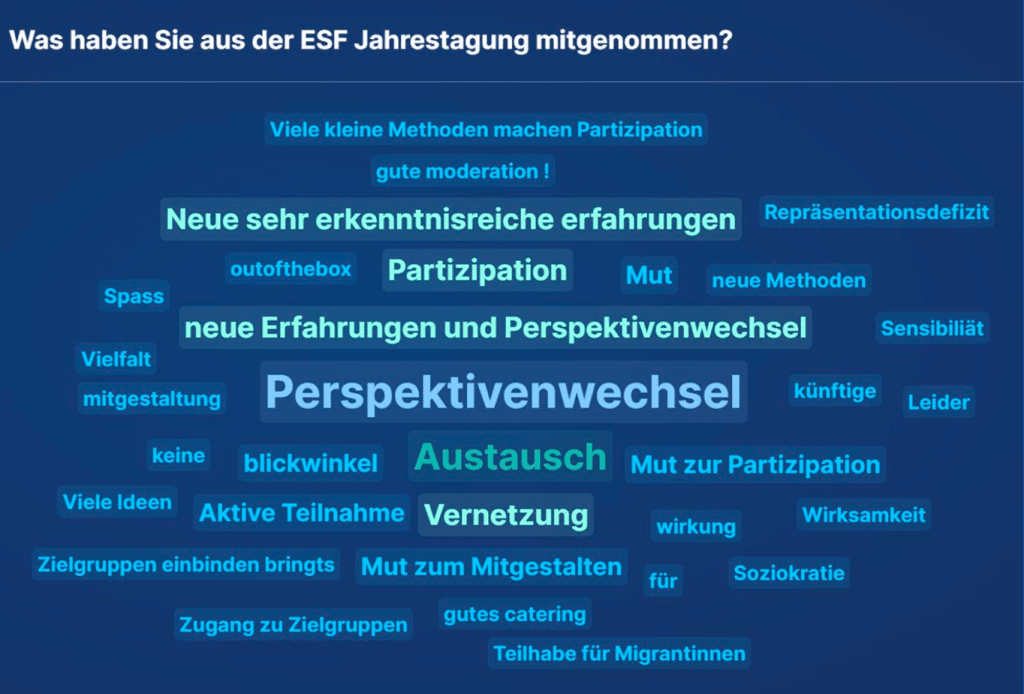 Teilhabe „zum Angreifen“ – Nachlese zum SI-plus-Nachmittag bei der ESF+ Jahrestagung 2026 - 14. April 2026 Wortwolke zur Frage "was nehme ich aus der heutigen Veranstaltung mit?"