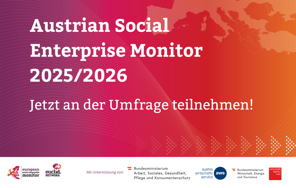 Banner mit dem Text "Austrian Social Enterprise Monitor 2025/2026. Jetzt an der Umfrage teilnehmen" auf buntem Hintergrund
