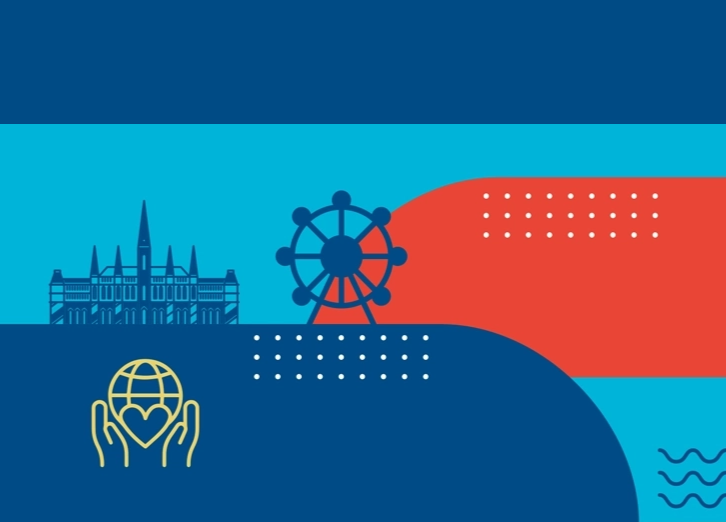 illustration with blue and red shapes and icons of vienna's city hall and ferries wheel