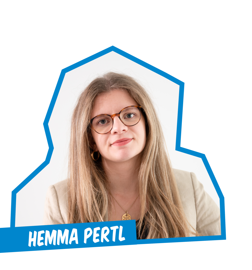 Person weiblich gelesen, blonde lange Haare. Titel Hemma Pertl